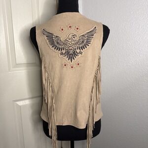 IDYLLWIND Miranda Lambert Tan Fringe Vest Faux Suede Large Eagle Americana